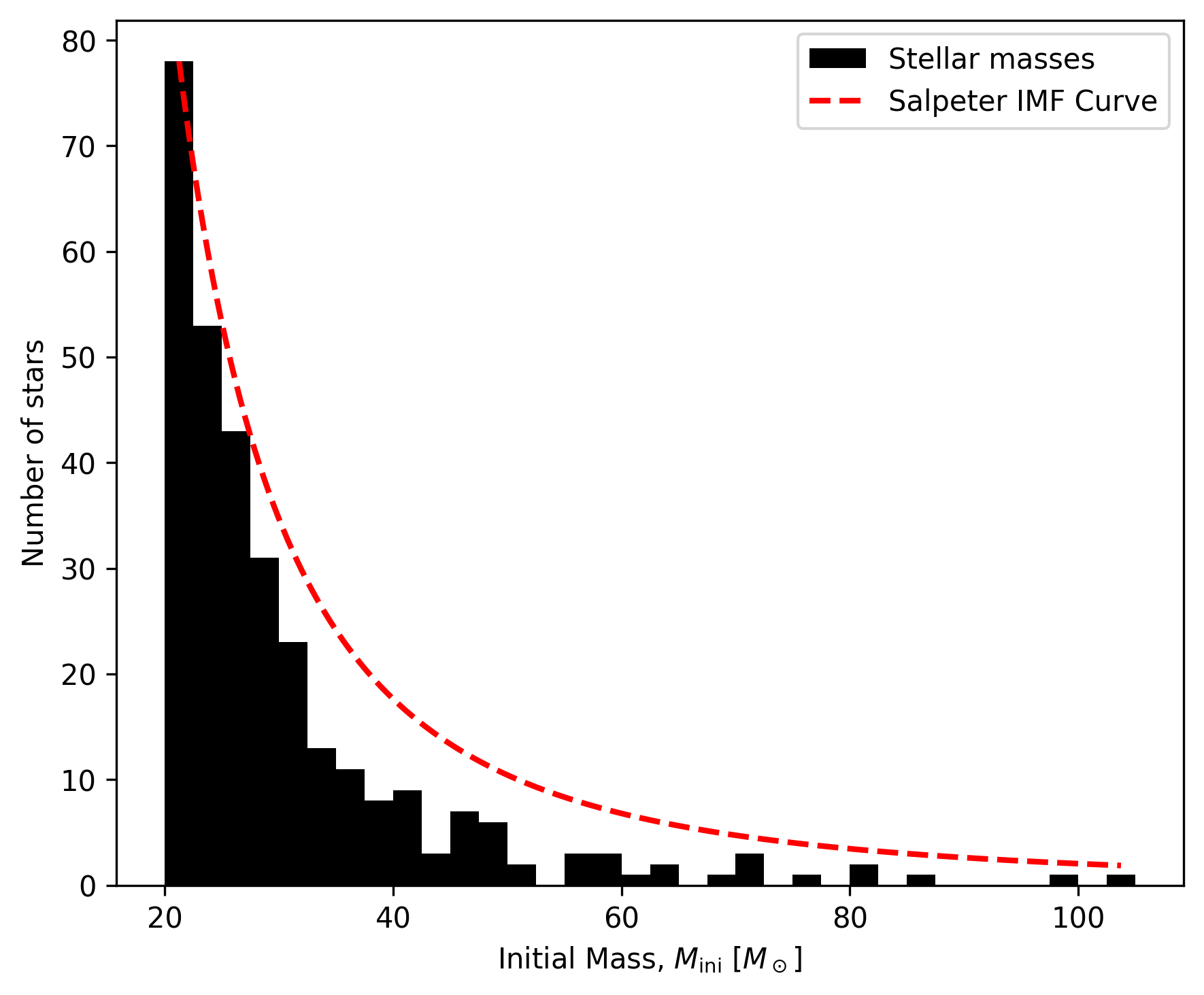 Observed stellar mass distribution compared with a Salpeter initial mass function